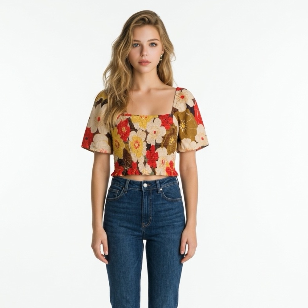 Billabong Floral Smocked Off Shoulder Top Boho Cottagecore Size M
